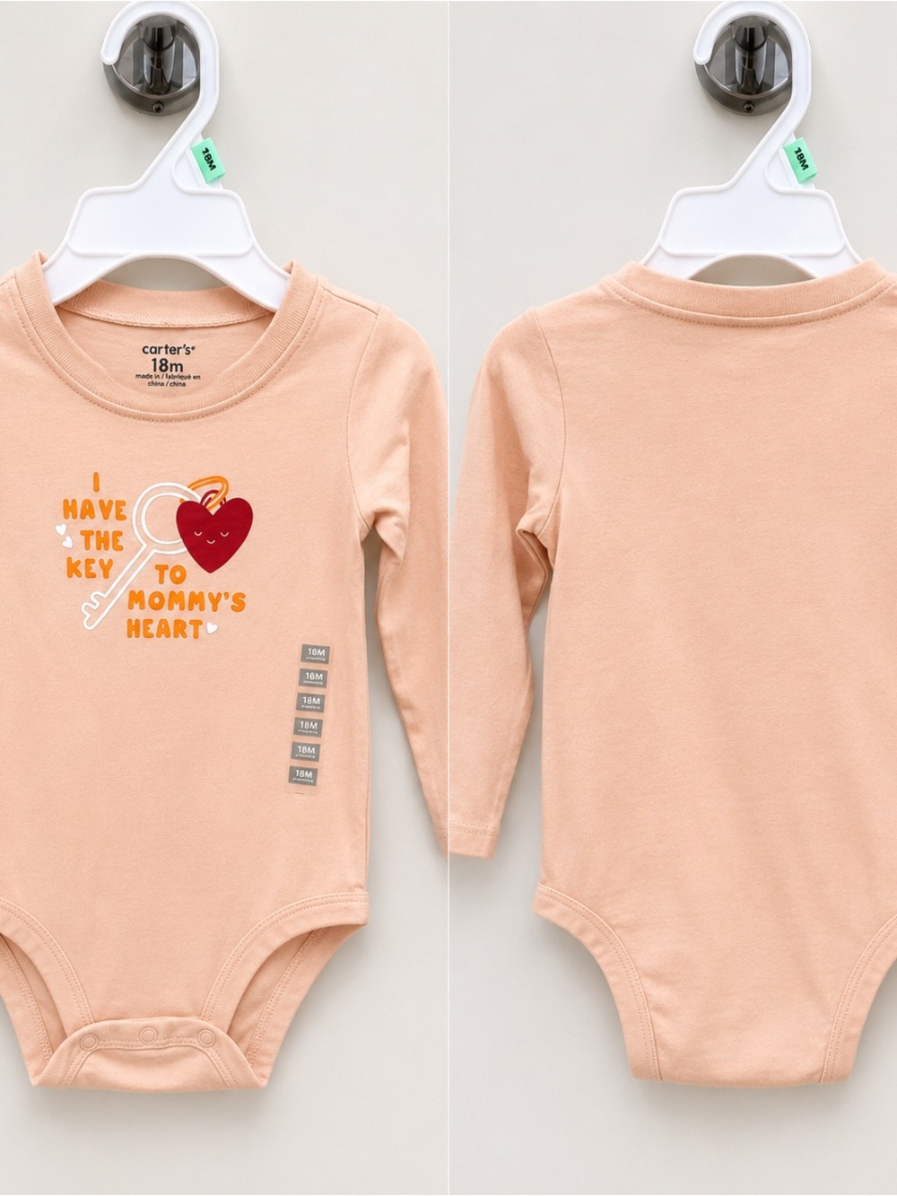 Carter's Peach Long-Sleeve One-Piece Bodysuit with Heart & Key Graphic